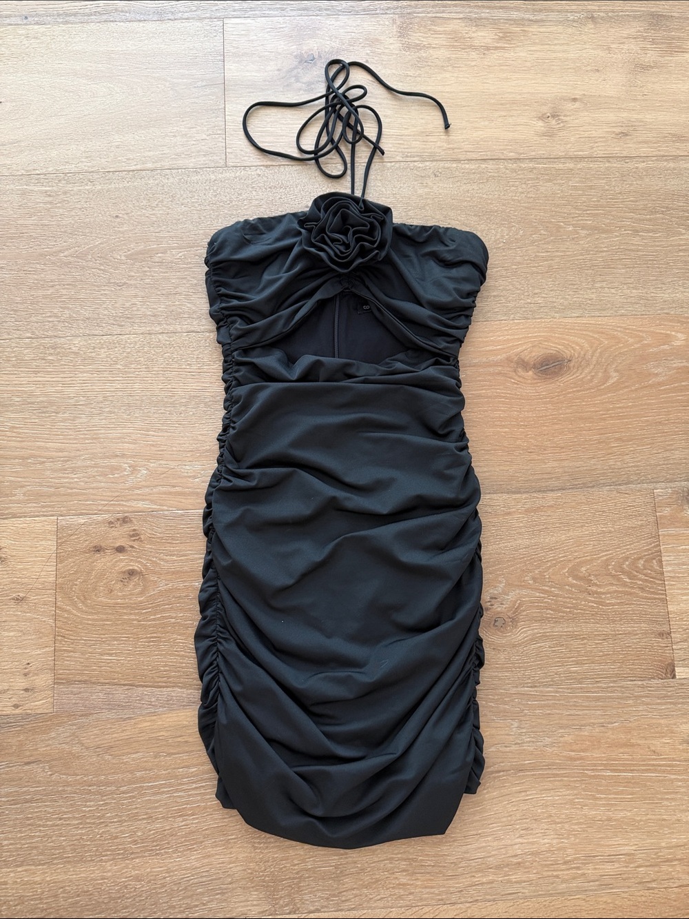 Black Ruched Halter Mini Dress with Floral Detail - Picture 2 of 4